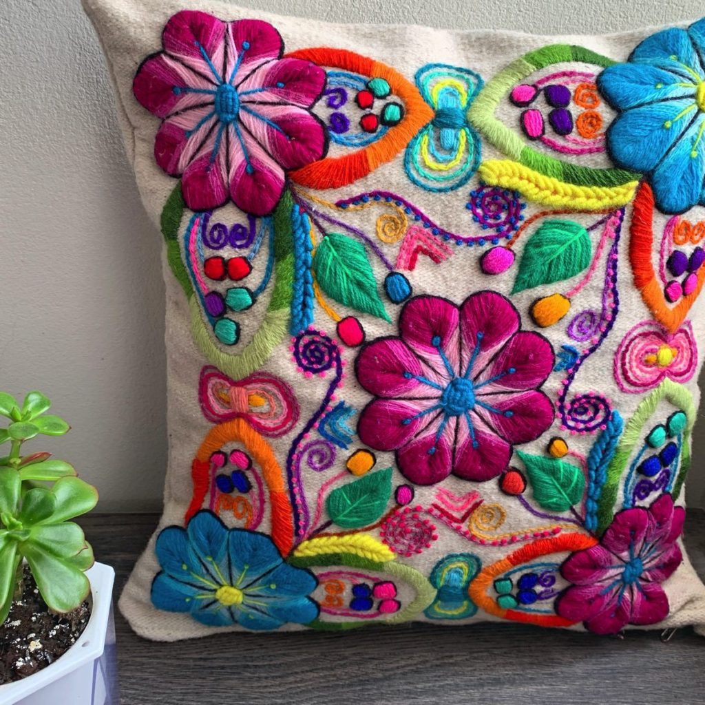 Hand Embroidered Cushion Cover Beige Color Peruvian Wool Floral