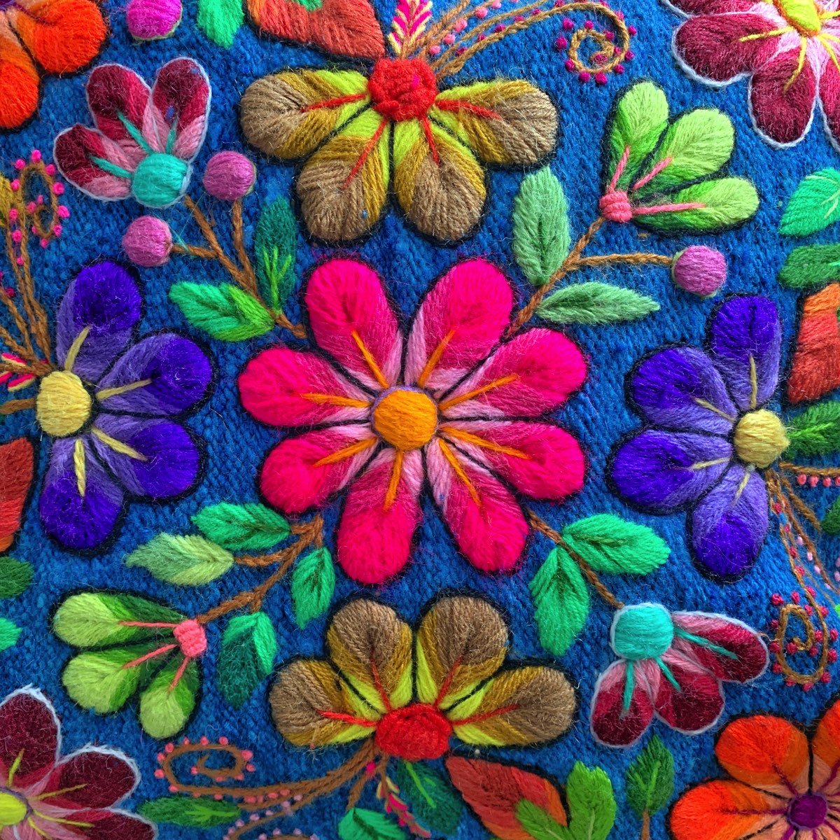 Hand Embroidered Cushion Cover – Blue Color – Peruvian – Wool – Floral ...