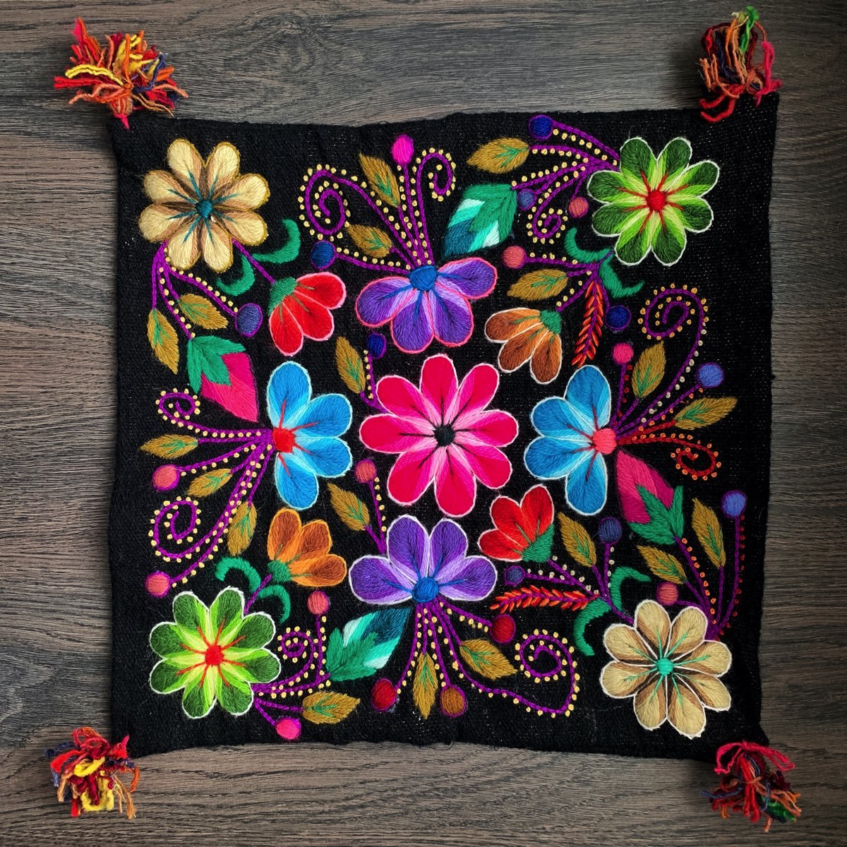 Hand Embroidered Cushion Cover – Black Color – Peruvian – Wool – Floral ...