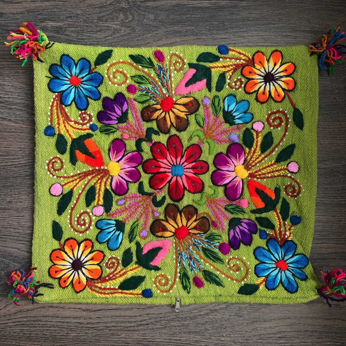 Hand Embroidered Cushion Cover – Light Green Color – Peruvian – Wool ...