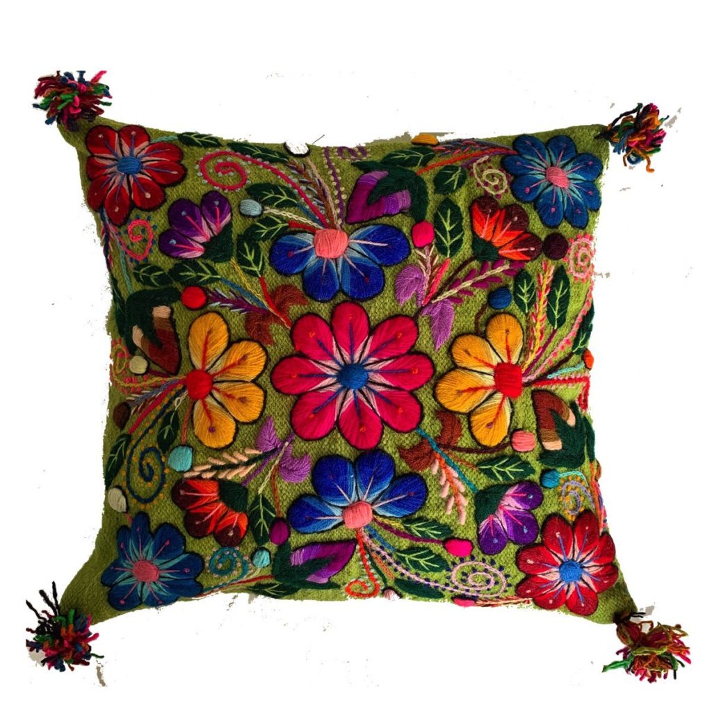 Hand Embroidered Cushion Cover Light Green Color Peruvian Wool