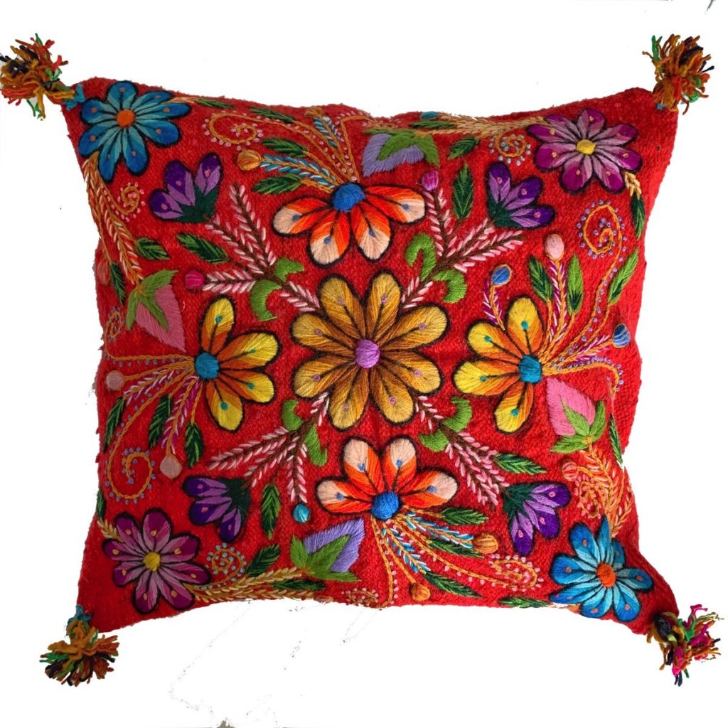 Hand Embroidered Cushion Cover Red Color Peruvian Wool Floral