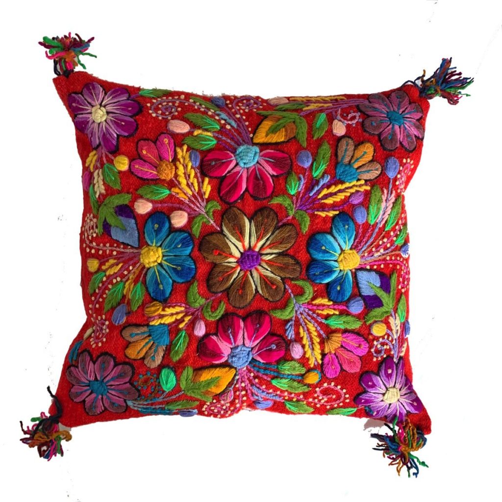 Hand Embroidered Cushion Cover Red Color Peruvian Wool Floral